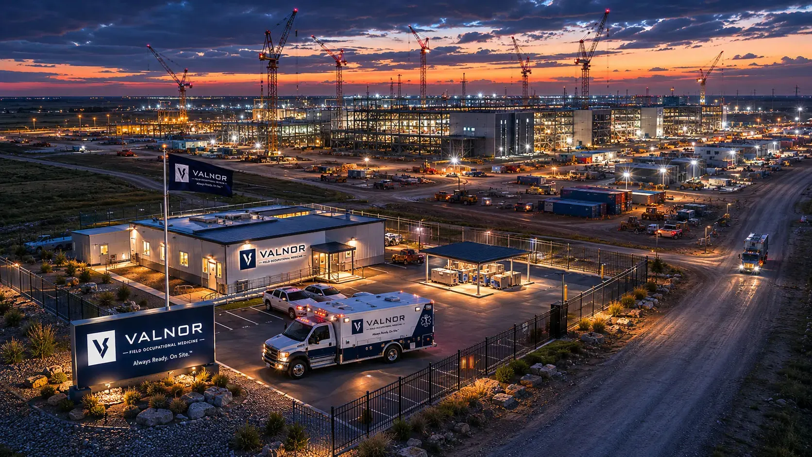 Aerial view of a remote megaproject construction site at dusk
