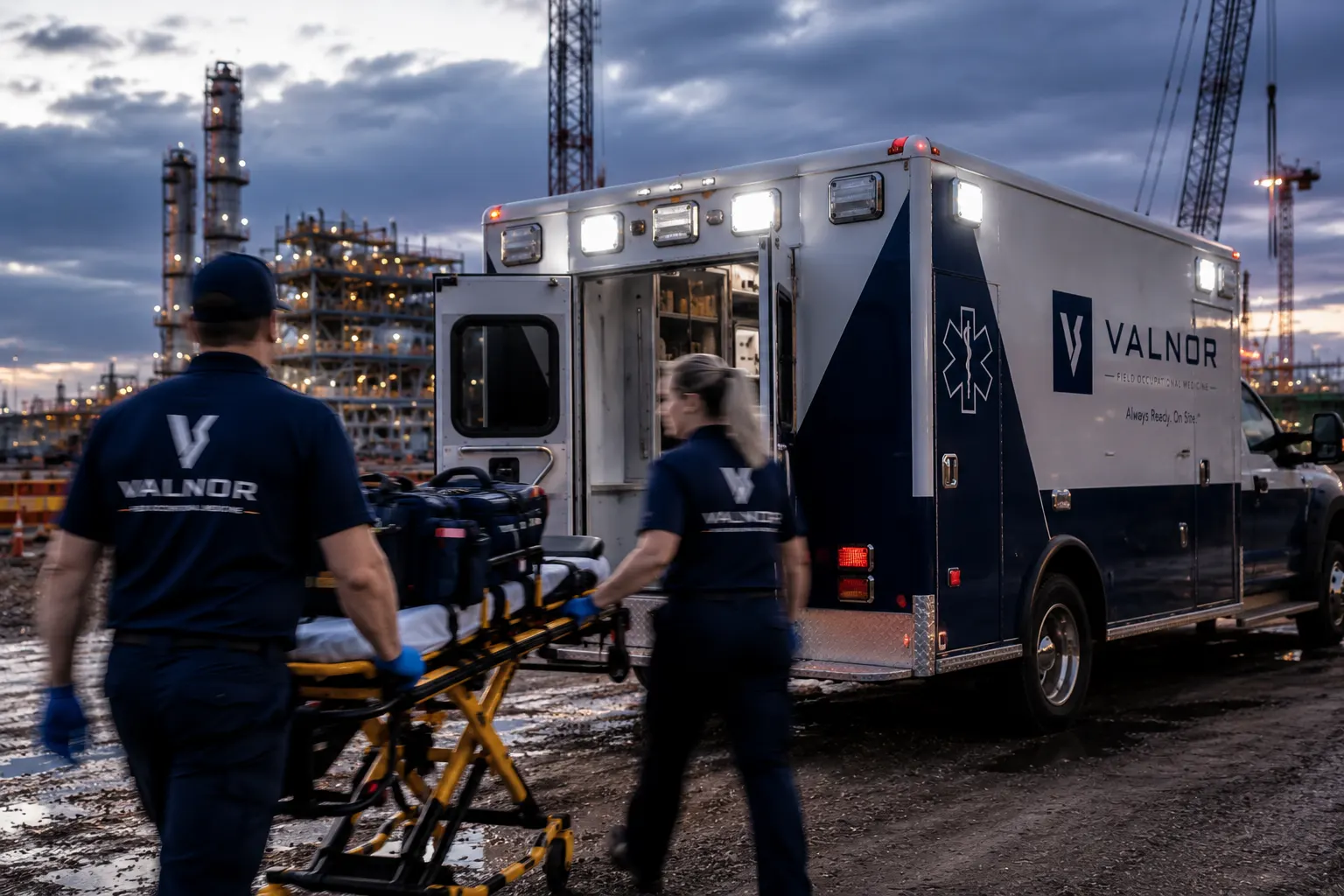 Valnor ALS ambulance staged at an industrial site at dusk