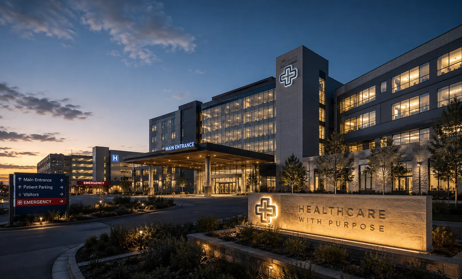 A modern hospital at dusk, illuminated, with main entrance and emergency signage