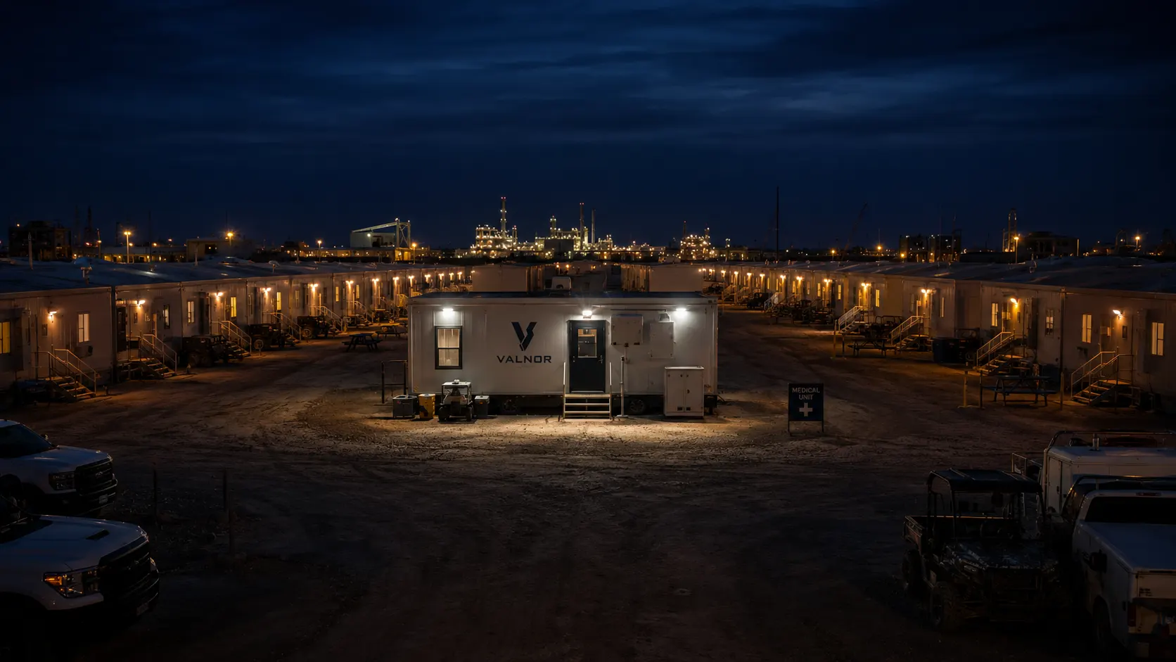 A Valnor medical unit lit at the center of a workforce camp at night