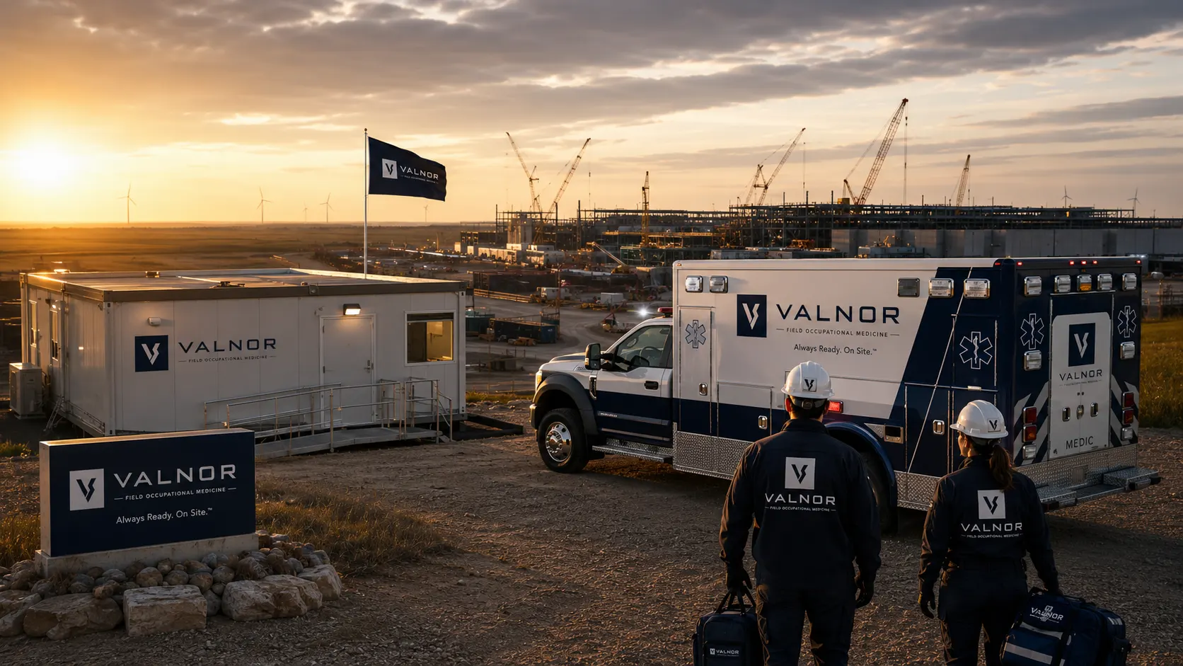Valnor on-site clinic and ALS unit staged at a remote megaproject at dawn