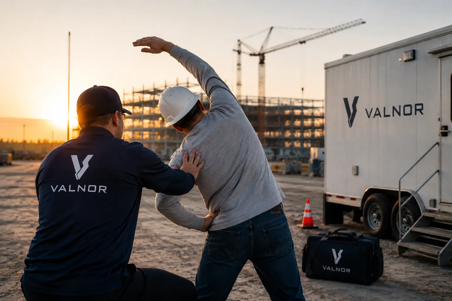 A Valnor athletic trainer guiding a worker through a pre-shift stretch at sunrise