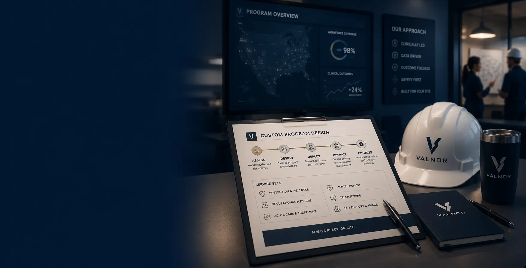 A Valnor program design clipboard and dashboard on a desk in a planning office