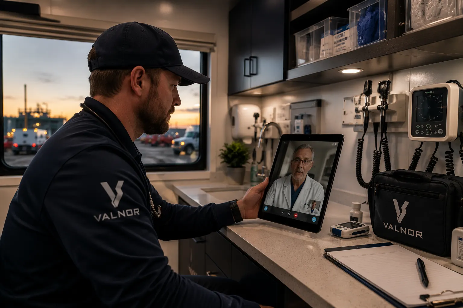 A Valnor medic conducting a telemedicine consult with a physician from the on-site clinic