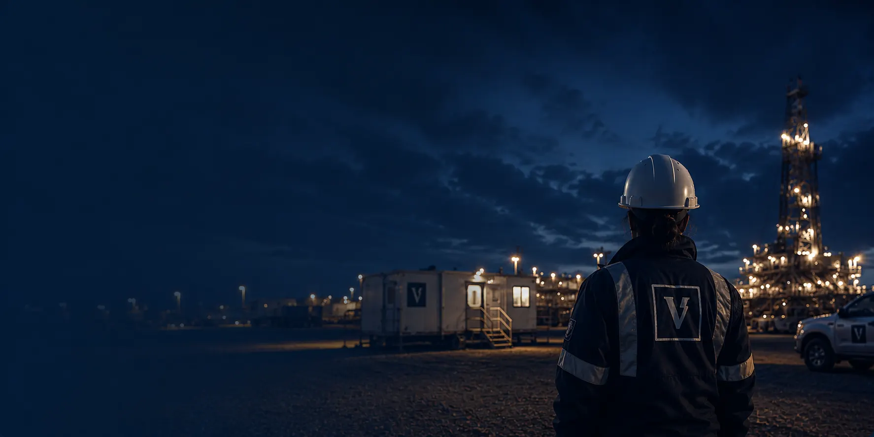 A Valnor worker in branded hi-vis facing a lit drilling rig and on-site cabins at night
